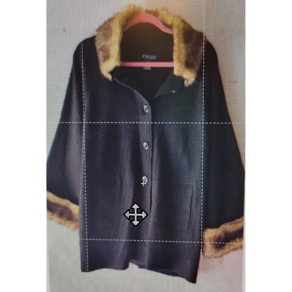 Lauren Hansen Women's Black Button Front Coat Faux Fur Trim Collar Cuffs L 200